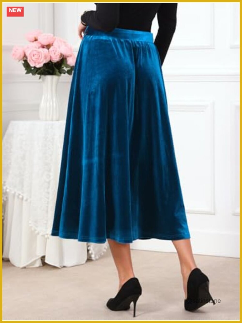 Velvet High Waist A-Line Formal Long Skirt with Belt - Picture 3 of 5